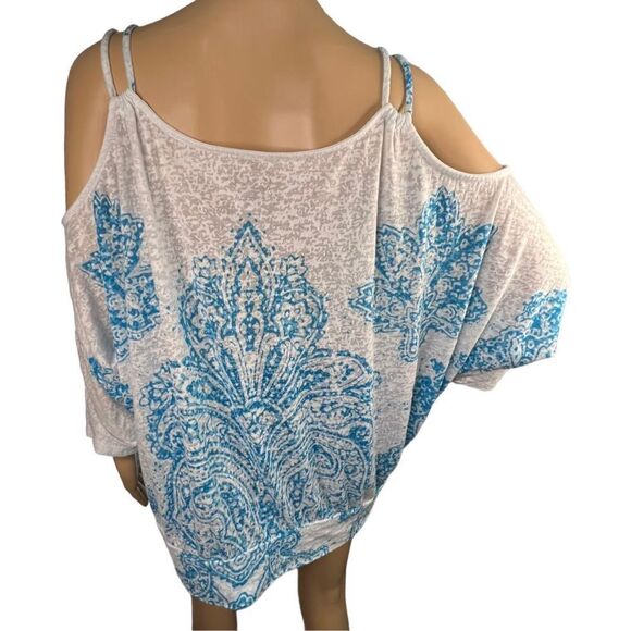 Lane Bryant Quarter Sleeve Exposed Shoulder Blouse With Floral Design and Rhines - Picture 4 of 4